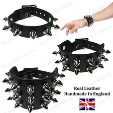 Mens Gothic Punk Spike Real Leather Biker Studded Wristband Handmade In England