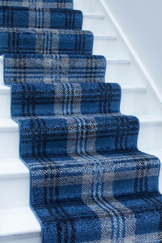 Blue tartan stair hall mat - blue,