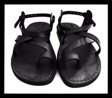 Black Leather Gladiator Jesus Men's Sandals Strap Handmade UK (4-15) EU (36-50)