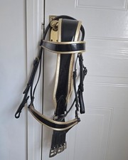 Bridle & Girth Saddle Seat Show Set Patent Black & Gold Leather  Cob Size