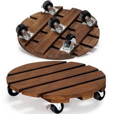 Wooden Round Garden Plant Pot Stand Mover with Wheels Indoor Outdoor Pack of 2