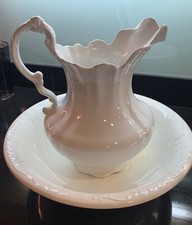 Antique Homer Laughlin Large White / Bone Water Pitcher Jug & Wash Basin / Bowl 