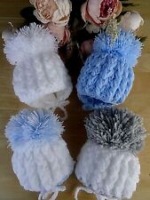 Hand Knitted Baby Hat Boy Girl Crochet Pom Pom Ties White Blue Grey Newborn - 3m
