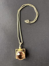 Vintage Amber Glass Pendant Necklace – Gold Tone Chain – Geometric Jewellery