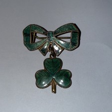 Original 1900s-20s Antique Enamel Gullioche Dangly Shamrock Clover Brooch!