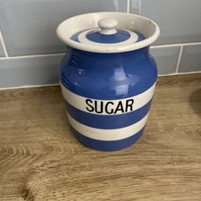 T.G. Green Cornishware Sugar Storage Jar 14.5cm Blue & White Lid Is Damaged