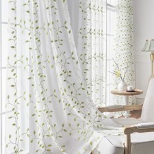 2 Panels Embroidered Leaves Semi Sheer Voile Window Curtains Drapes Living Room