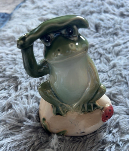 Green beige red ceramic frog - ceramic,