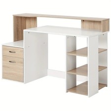 HOMCOM Computer Desk Drawers & Shelves | Home Office Workstation Oak/White UK