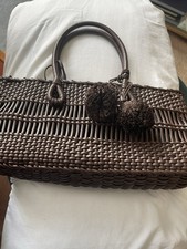 ZARA Brown Basket Weave Rectangle Bag With Pom Poms And Internal Cloth Bag