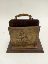 Vintage Wooden and Brass Letter Holder with Ship Design Handle