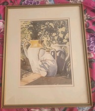 original peter solly water colour, three jugs framed painting with glass. jug 3
