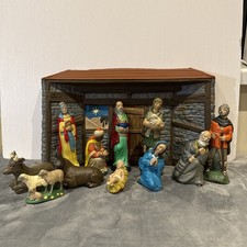 VTG Large Traditional Deluxe Christmas Nativity Set Scene 11 Figures & Backdrop