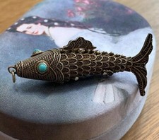 Ancient Antique China Silver Fish Shaped Pendant With Turquoise