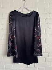 KATE MOSS Topshop Dress Embroidered Silky Black Mini Dress Bell Sleeved uk 8 36