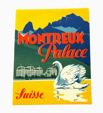 Bright Vintage Luggage Label "Montreux Palace" Suisse w/ Swan  *
