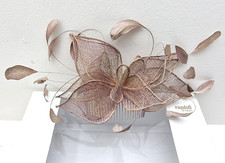 JDesigns Sinamay Fascinator Hair Comb Dusky Pink Petals Leaves Feathers Wedding