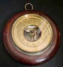 Vintage Danish Small Wall Hanging BAROMETER Wood Glass Brass Diameter 6.5"