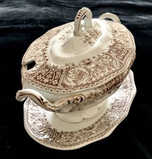 Antique Lidded Brown & White Gilt Serving Soup/Sauce Tureen with Underplate