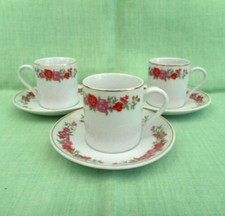 3 porcelain coffee cans / cups & 3 saucers - pink & red roses, gold trims