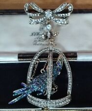 Vintage Style Diamante Blue Bird Parrot in Large Bird Cage Brooch Pin Jewellery 
