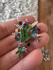 Scottish Celtic White Heather 3 Purple Gem Gold Tone Brooch Tartan Ribbon