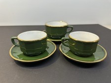 Apilco Yves Deshoulieres Green/ Gold Coffee Cups & Saucers x3 - 2 Small 1 Large