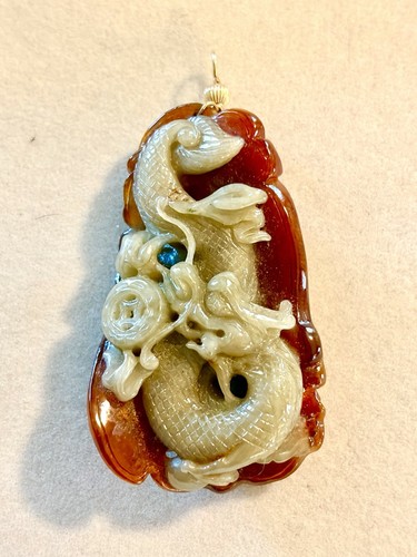 Carved jade pendant 14k post - carved,