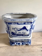 CHINESE BLUE AND WHITE BONSAI JARDINIERE PLANTER WITH STAND ANTIQUE VINTAGE