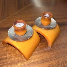 Art Deco Bakelite phenolic Candle sticks (Pair) Amber Phenolic on chrome trays 