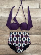 New Retro Bikini Size S UK 8 10 High Waisted Padded Purple Patterned