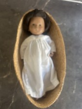 Vintage 70s Brown Hair Sexed Baby Doll In Original clothes and Basket