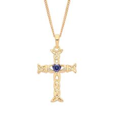9ct Gold on Silver simulated Tanzanite Celtic Irish CLADDAGH Cross Pendant
