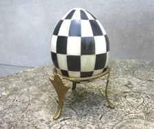 Vintage / Antique Bovine Cow Bone Carved Mosaic Display Egg with Stand. 5" Tall