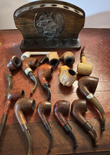 Collection 14 Vintage Pipes And Antique Rack Various incl Meerschaum heads