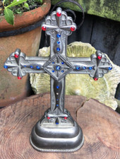 Vintage 1970's Spanish cross chapel church altar table paste stones 10" high