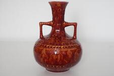 Burmantofts Faience Twin Handled Antique Vase - Red Over Yellow Glaze - c.1895