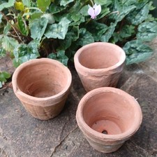 x3 small vintage handmade rustic aged terracotta clay pots 7 cm tall