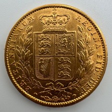 22ct Gold Full Victorian Shield Sovereign 1863, AU Condition 7.98g of 0.917 Gold