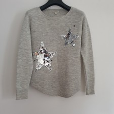 Monsoon Jumper Size S Sequin Grey Knitted Star Design Wool Blend Christmas