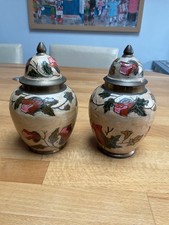 Vintage  Brass decorative pots Lid storage lacquered pink trinkets pair 6” high