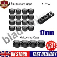 16P 17mm BLACK ALLOY WHEEL NUT COVERS + 4P Locking CAPS UNIVERSAL FOR ANY CAR 