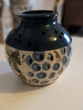 Leigh Coombes Studio Pottery Vase Hand Painted with Grape Vine Design Signed