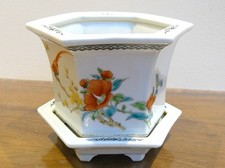 Bonsai /Plant Pot & Saucer Vintage Chinese Hand-Painted Jardiniere & Calligraphy