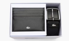 Lacoste Mens  Leather Belt/ Card Holder Gift Set Black 100cm New RRP £105