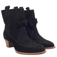 F TROUPE London 37 Quilted Suede Heeled Boots US 6.5 - 7 Bow Ankle Block Heel