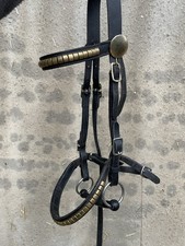 Black Inhand Showing Bridle Shetland Brass Noseband Browband Fittings With Bit