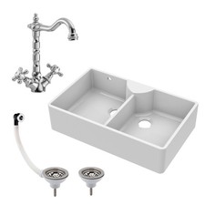 Fireclay Double Bowl Butler Sink French Classic Tap and Waste 895mm