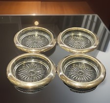 4 Vintage Starburst Cut Glass Coasters Silver Plated Rim Stackable Set / Barware