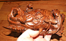 Antique Japanese  Maple Wood Carved Figurine Mice Playing In The Pumpkin Field.